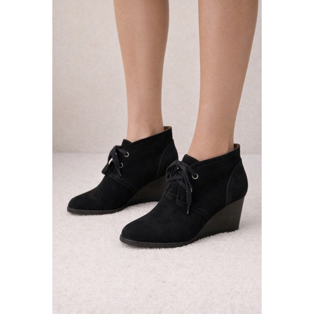 Lucky Brand Womens 9.5 M‎ LK Sway Black Suede Lace-Up Wedges Ankle Booties Edgy